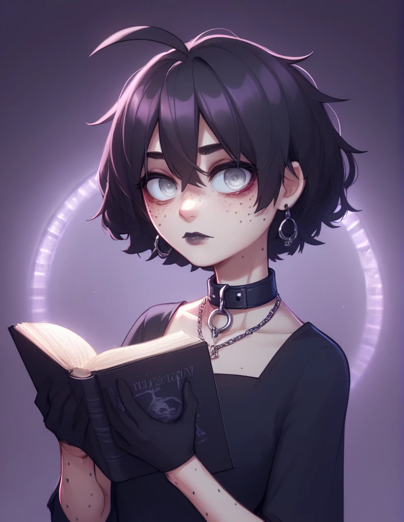 1 girl, alone, ppka, black fur, short hair, messy fur, Ahoge, parts, parts en todo el cuerpo, grey eyes, blind eyes, kind eyes, kind look, sexy look, looking at the viewer, slight blush,
black dress, dark dress, Gothic, short dress, vestido de detailed suoer, dressed with many accessories, arm warmer, black heater, black boots, gothic boots, black gloves, dark gloves, tight collar, black necklace, black earrings, long earrings, super long stockings, black stockings, transparent stockings, tights with holes,
dark lipstick, shadows in the eyes, Freckles in the face,
soft skin, human skin, Pale skin,
dark environments, violet lights, dark lights, dark party,
retreading, Half-length portrait, detailed suoer,
