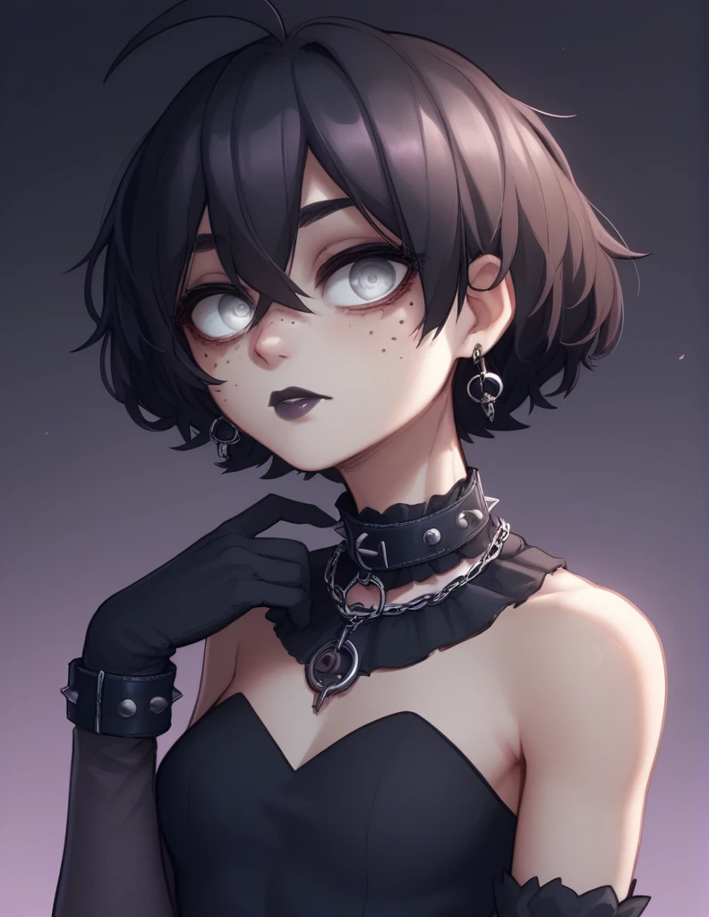 1 girl, alone, ppka, black fur, short hair, messy fur, Ahoge, parts, parts en todo el cuerpo, grey eyes, blind eyes, kind eyes, kind look, sexy look, looking at the viewer, slight blush,
black dress, dark dress, Gothic, short dress, vestido de detailed suoer, dressed with many accessories, arm warmer, black heater, black boots, gothic boots, black gloves, dark gloves, tight collar, black necklace, black earrings, long earrings, super long stockings, black stockings, transparent stockings, tights with holes,
dark lipstick, shadows in the eyes, Freckles in the face,
soft skin, human skin, Pale skin,
dark environments, violet lights, dark lights, dark party,
retreading, Half-length portrait, detailed suoer,