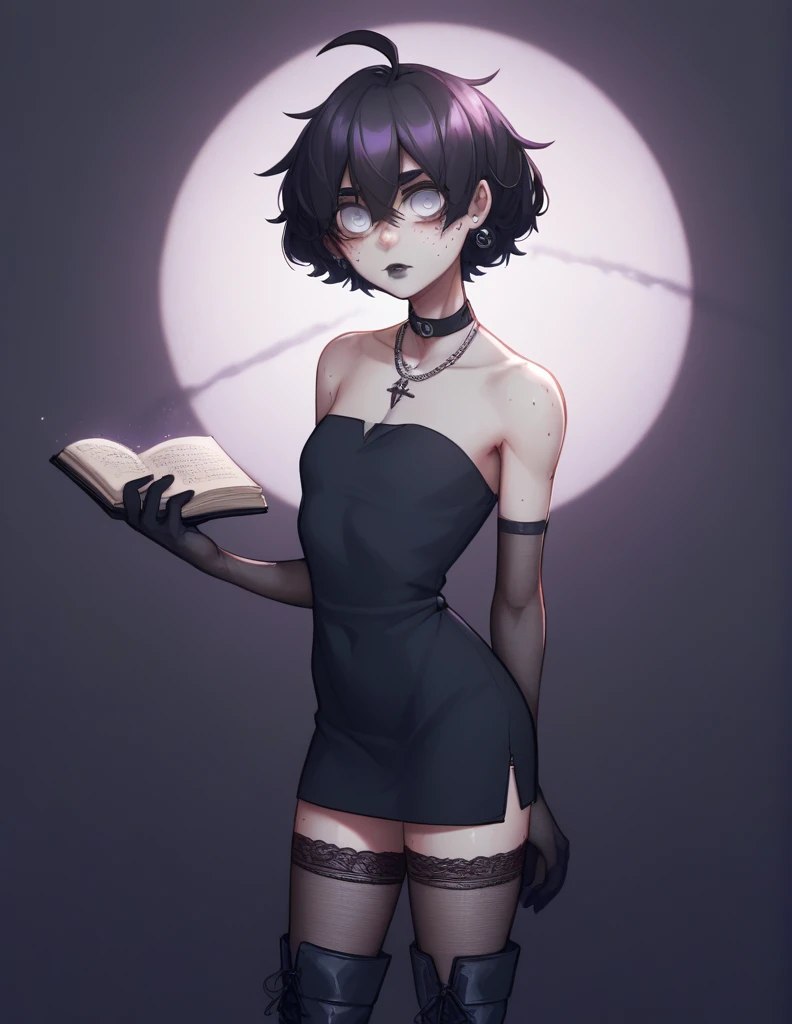 1 girl, alone, ppka, black fur, short hair, messy fur, Ahoge, parts, parts en todo el cuerpo, grey eyes, blind eyes, kind eyes, kind look, sexy look, looking at the viewer, slight blush,
black dress, dark dress, Gothic, short dress, vestido de detailed suoer, dressed with many accessories, arm warmer, black heater, black boots, gothic boots, black gloves, dark gloves, tight collar, black necklace, black earrings, long earrings, super long stockings, black stockings, transparent stockings, tights with holes,
dark lipstick, shadows in the eyes, Freckles in the face,
soft skin, human skin, Pale skin,
dark environments, violet lights, dark lights, dark party,
retreading, Half-length portrait, detailed suoer,