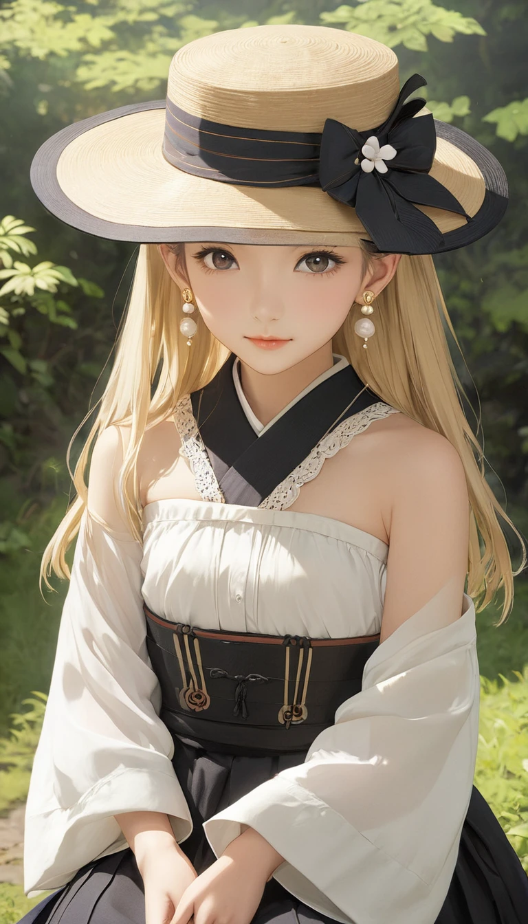 (masterpiece, Highest quality:1.2), One girl, alone,bony body、15 years old、hat、Earrings、Blonde、Taisho period