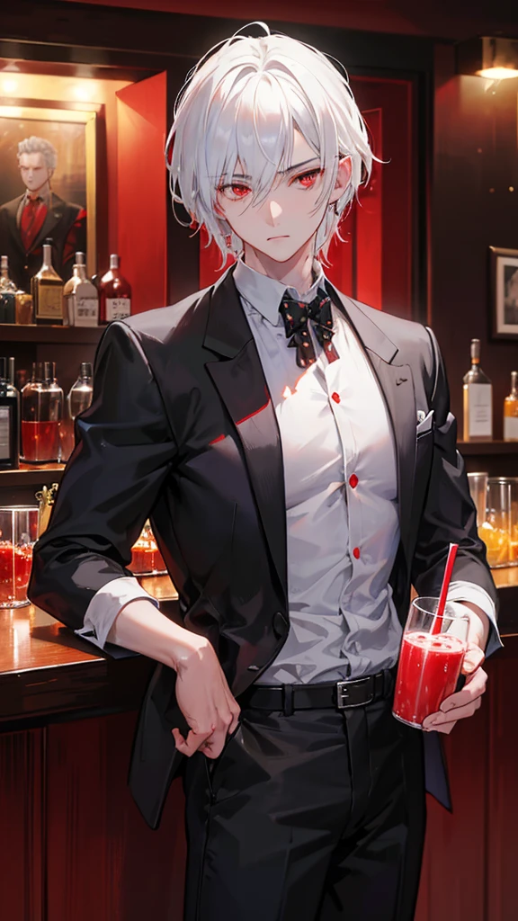 a handsome 24 year old man drinking juice while glancing at someone, white hair and red eyes in a bar, detailed face, cinematic lighting, dramatic chiaroscuro, vibrant colors, photorealistic, highly detailed, sharp focus, masterpiece