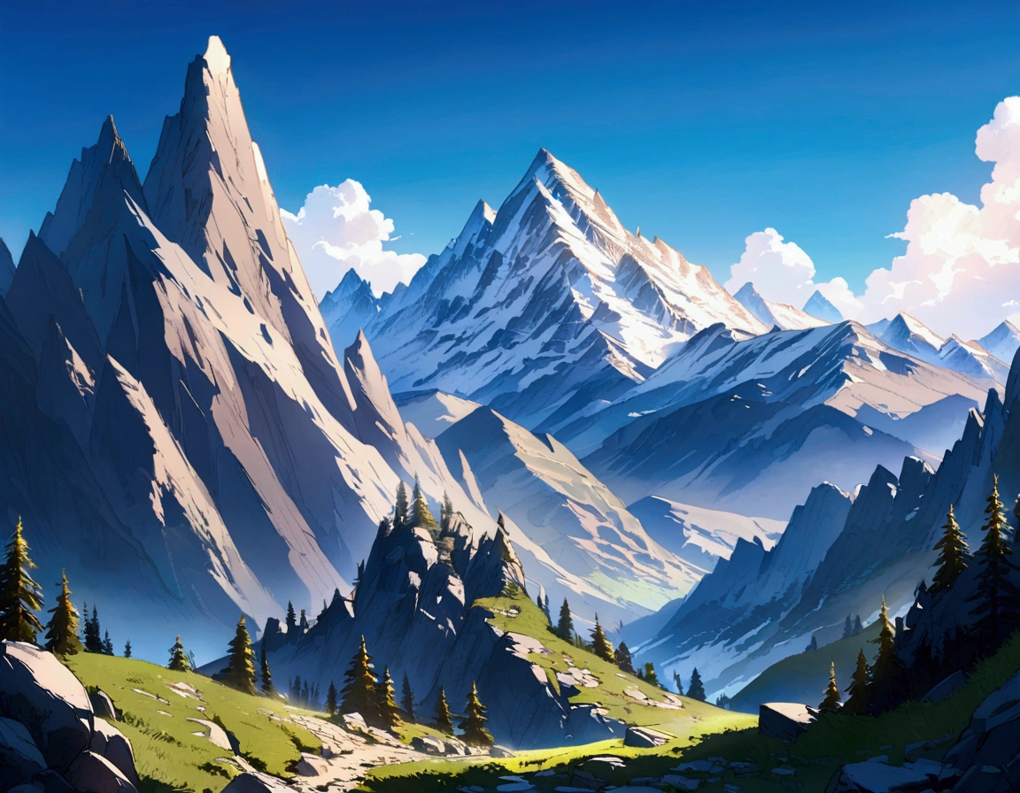 Fantasy,unmanned,background,Rocky Mountain,Rugged Mountain,Bright landscape,Blue sky,White cloud,Light of the sun,Mountain trail,The land below,,,