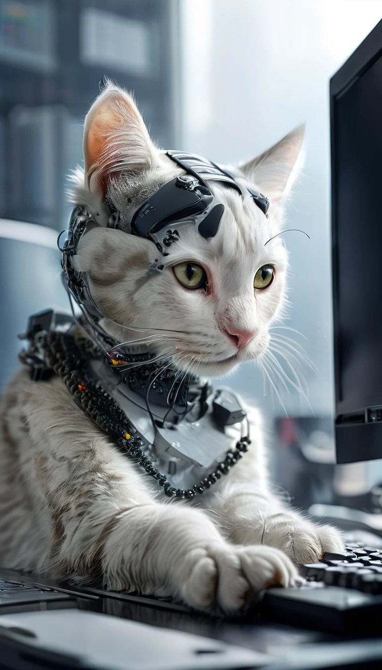 Close-up photo (White tabby cat, computer technician:1.2) (Using a computer on the table:1.2), (method:1.3), Black glossy desk, Ultra-realistic, Intricate details, (Foggy:1.1), View from below