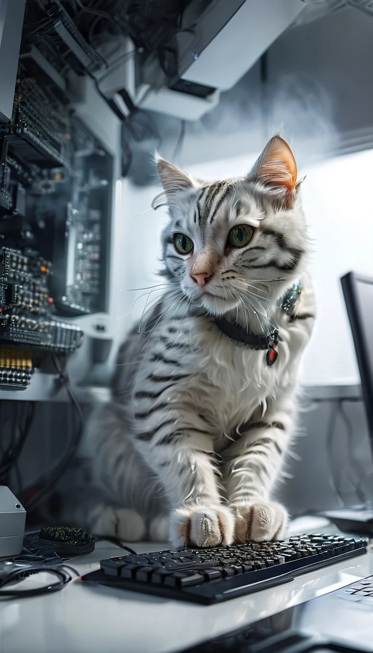 Close-up photo (White tabby cat, computer technician:1.2) (Using a computer on the table:1.2), (method:1.3), Black glossy desk, Ultra-realistic, Intricate details, (Foggy:1.1), View from below