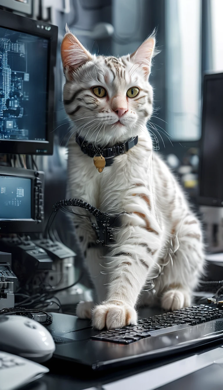 Close-up photo (White tabby cat, computer technician:1.2) (Using a computer on the table:1.2), (method:1.3), Black glossy desk, Ultra-realistic, Intricate details, (Foggy:1.1), View from below