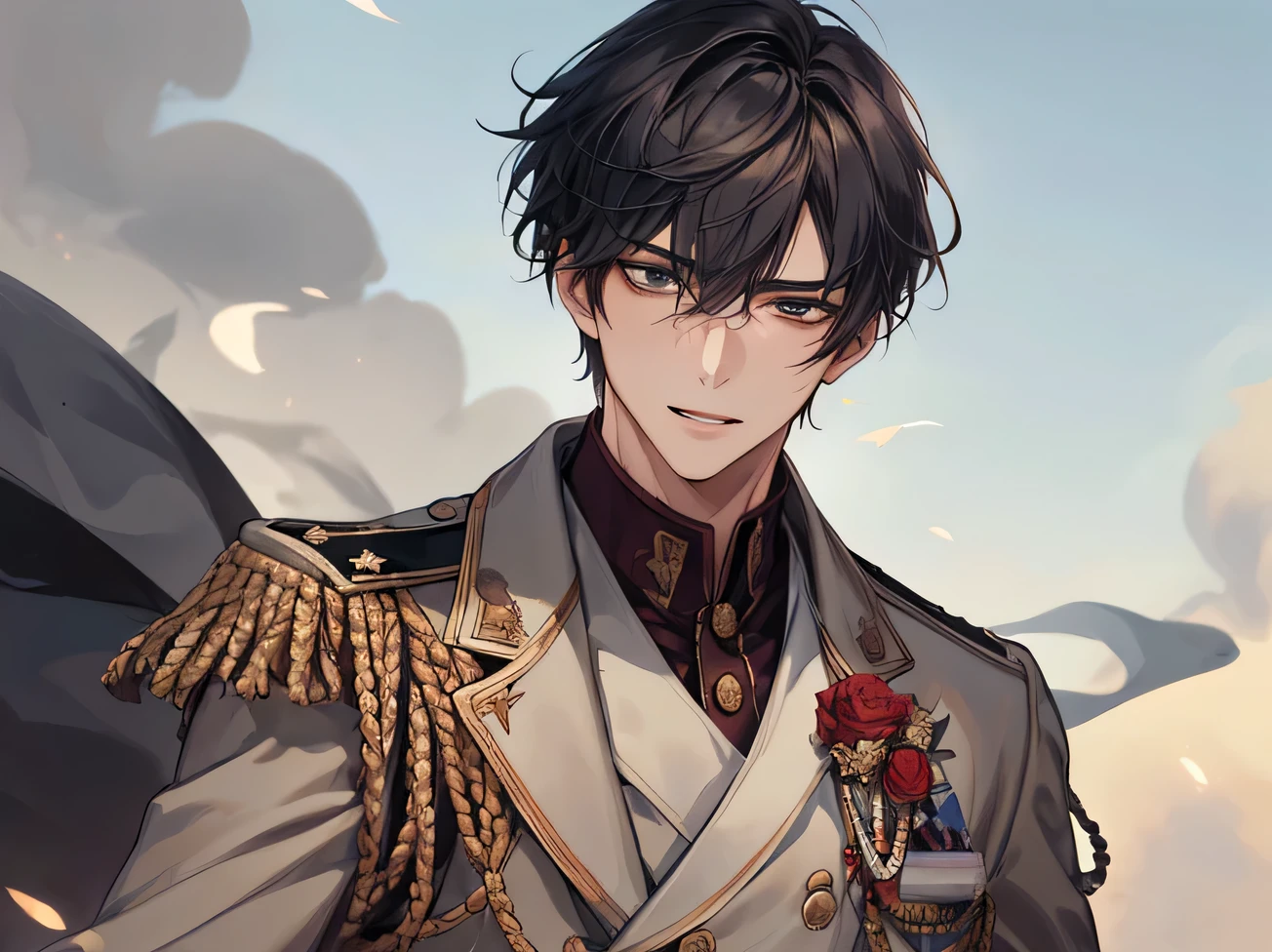 male,masterpiece,Face Focus,Face close-up,Dynamic Angle,Laugh a little,Upper Body, ((masterpiece: 1.4, Highest quality)), One male, male,masterpiece,Alone in military uniform, Male in military uniform, battlefield
,Smoke and dust rose into the air, Add drama to an ongoing conflict