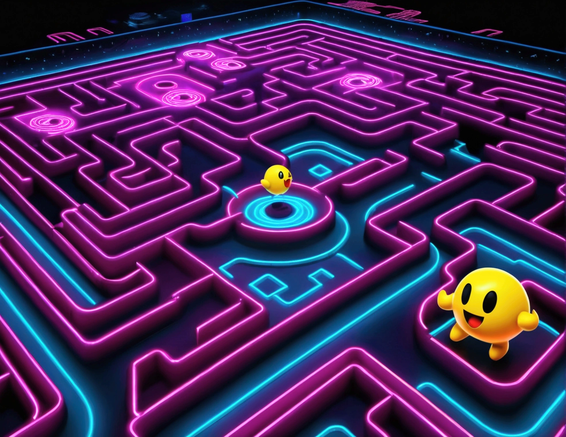 a dynamic and vibrant video game character pac man, chasing after beautiful, sexy, busty Malaysian ghosts through a vibrant, neon-lit maze,(best quality,4k,8k,highres,masterpiece:1.2),ultra-detailed,(realistic,photorealistic,photo-realistic:1.37),dynamic composition,cinematic lighting,highly detailed,videogame,8k,concept art,colorful,vibrant colors,(neon:1.2),hyper detailed,intricate background,complex maze patterns,glowing ghosts,dramatic poses,whimsical,playful