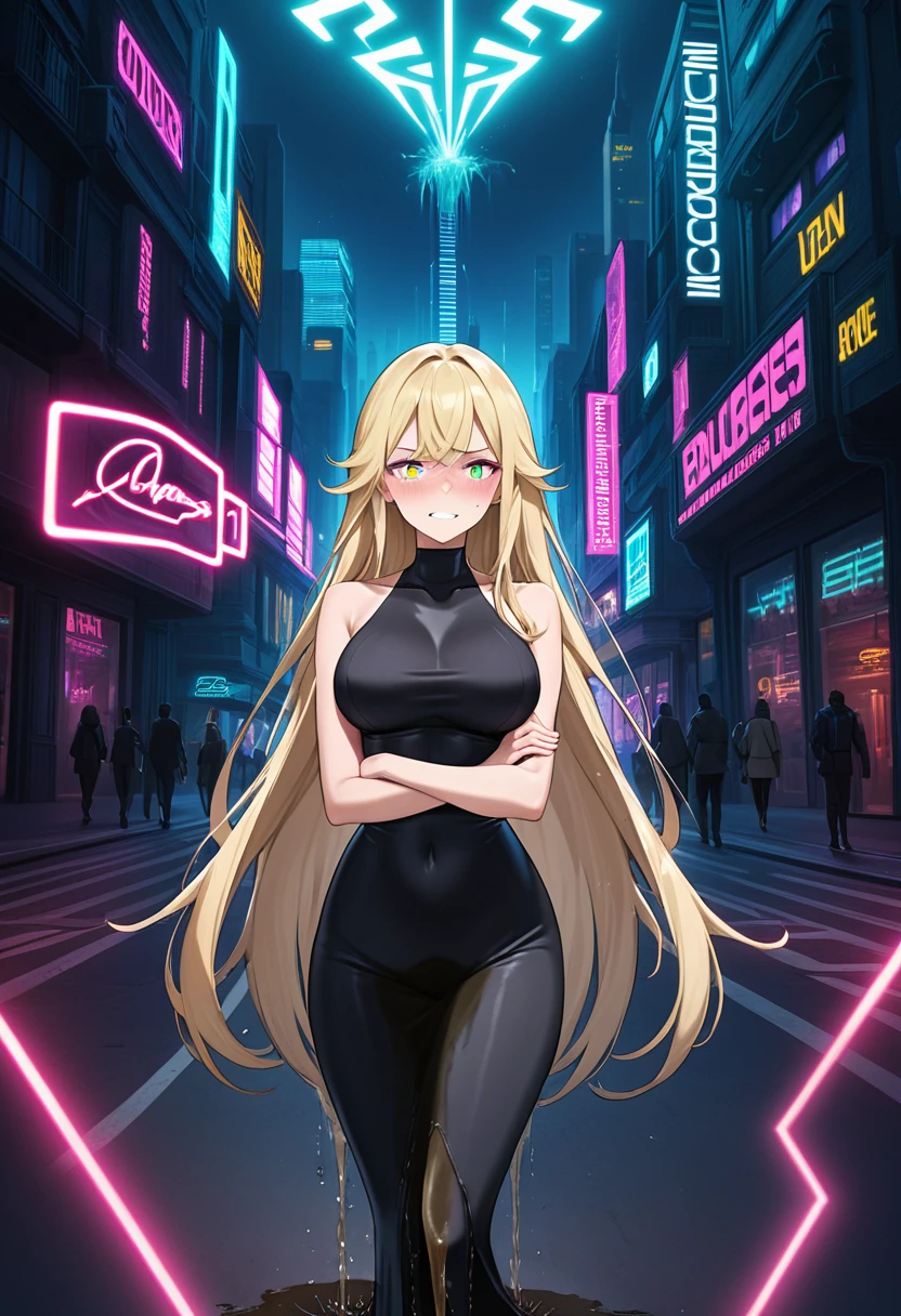 (high quality,Very detailed:1.37, High resolution), Woman, (very long hair:1.5), blonde hair, (multicolored eyes:1.5), blue eyes, yellow eyes, large breasts, (wetting herself:2.0), standing, (long tight dress:1.5), (arms crossed:1.5), (embarrassed:1.5), (humiliation:1.5), (angry:1.25), (blushing:1.5), open mouth, Cyberpunk Style, Cyberpunk Cityscape, Neon Light, High-tech accessories, Meticulous details, (extremely detailed eys:1.37), Glowing LED pattern, Urban scenery, Futuristic elements, Mysterious Aura, ,Flying cars racing through the air, Holographic Advertising, Visually stunning architecture, Energetic and dynamic poses, Gives off a powerful aura, The cityscape reflected in her metallic eyes, Graceful movement amidst chaos, A moonlit sky with a futuristic hue, Pulsating Electronic Soundtrack, Enhanced Augmented Reality Overlays, Interacting with virtual objects in the environment
