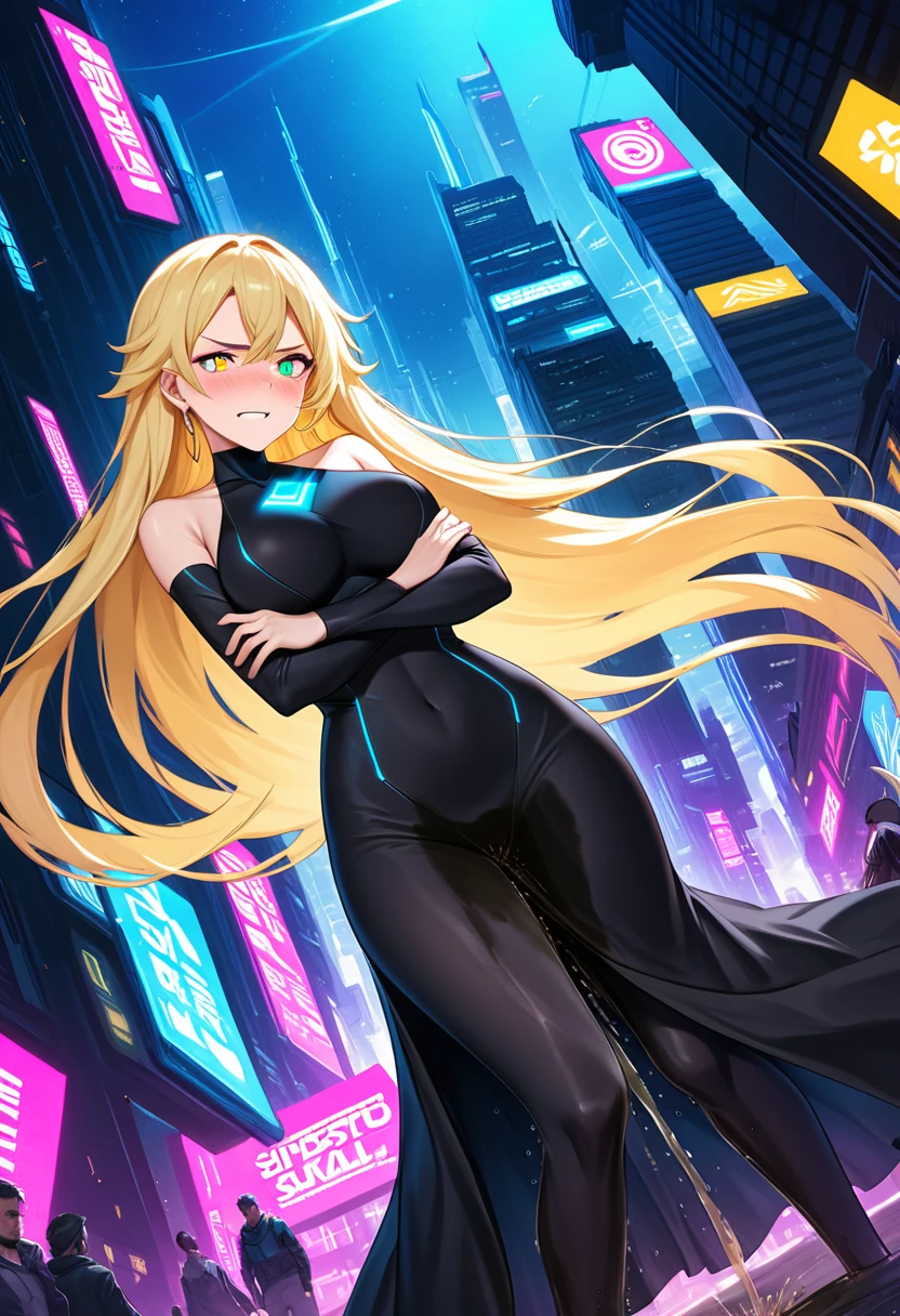 (high quality,Very detailed:1.37, High resolution), Woman, (very long hair:1.5), blonde hair, (multicolored eyes:1.5), blue eyes, yellow eyes, large breasts, (wetting herself:2.0), standing, (long tight dress:1.5), (arms crossed:1.5), (embarrassed:1.5), (humiliation:1.5), (angry:1.25), (blushing:1.5), open mouth, Cyberpunk Style, Cyberpunk Cityscape, Neon Light, High-tech accessories, Meticulous details, (extremely detailed eys:1.37), Glowing LED pattern, Urban scenery, Futuristic elements, Mysterious Aura, ,Flying cars racing through the air, Holographic Advertising, Visually stunning architecture, Energetic and dynamic poses, Gives off a powerful aura, The cityscape reflected in her metallic eyes, Graceful movement amidst chaos, A moonlit sky with a futuristic hue, Pulsating Electronic Soundtrack, Enhanced Augmented Reality Overlays, Interacting with virtual objects in the environment