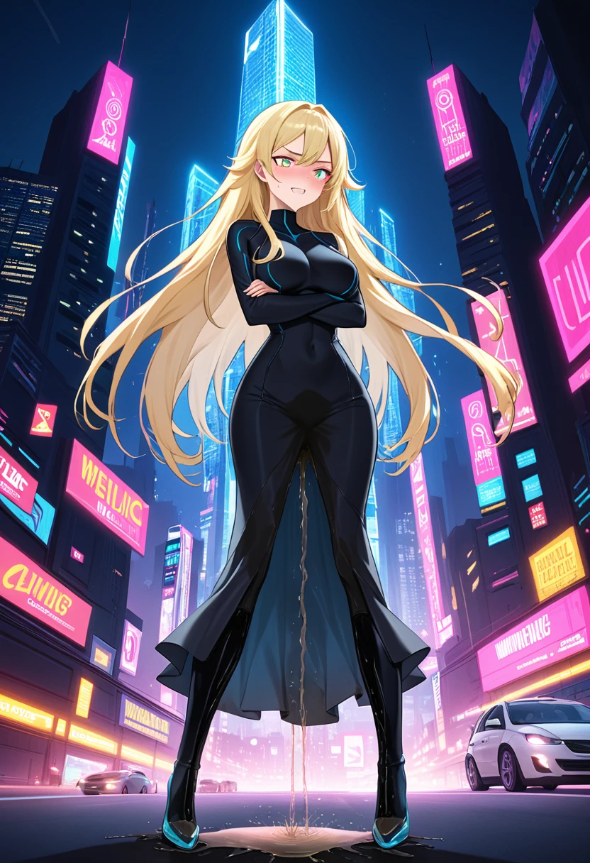 (high quality,Very detailed:1.37, High resolution), Woman, (very long hair:1.5), blonde hair, (multicolored eyes:1.5), blue eyes, yellow eyes, large breasts, (wetting herself:2.0), standing, (long tight dress:1.5), (arms crossed:1.5), (embarrassed:1.5), (humiliation:1.5), (angry:1.25), (blushing:1.5), open mouth, Cyberpunk Style, Cyberpunk Cityscape, Neon Light, High-tech accessories, Meticulous details, (extremely detailed eys:1.37), Glowing LED pattern, Urban scenery, Futuristic elements, Mysterious Aura, ,Flying cars racing through the air, Holographic Advertising, Visually stunning architecture, Energetic and dynamic poses, Gives off a powerful aura, The cityscape reflected in her metallic eyes, Graceful movement amidst chaos, A moonlit sky with a futuristic hue, Pulsating Electronic Soundtrack, Enhanced Augmented Reality Overlays, Interacting with virtual objects in the environment