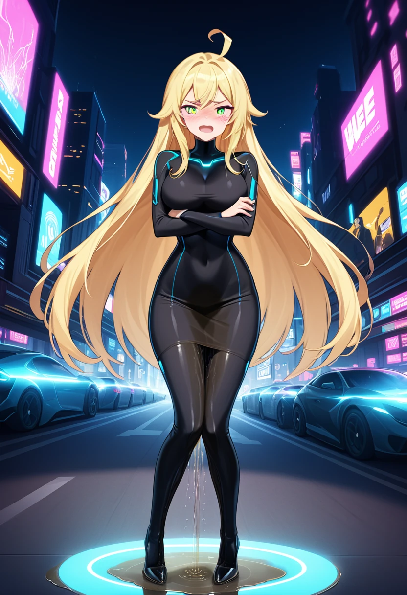 (high quality,Very detailed:1.37, High resolution), Woman, (very long hair:1.5), blonde hair, (multicolored eyes:1.5), blue eyes, yellow eyes, large breasts, (wetting herself:2.0), standing, (long tight dress:1.5), (arms crossed:1.5), (embarrassed:1.5), (humiliation:1.5), (angry:1.25), (blushing:1.5), open mouth, Cyberpunk Style, Cyberpunk Cityscape, Neon Light, High-tech accessories, Meticulous details, (extremely detailed eys:1.37), Glowing LED pattern, Urban scenery, Futuristic elements, Mysterious Aura, ,Flying cars racing through the air, Holographic Advertising, Visually stunning architecture, Energetic and dynamic poses, Gives off a powerful aura, The cityscape reflected in her metallic eyes, Graceful movement amidst chaos, A moonlit sky with a futuristic hue, Pulsating Electronic Soundtrack, Enhanced Augmented Reality Overlays, Interacting with virtual objects in the environment