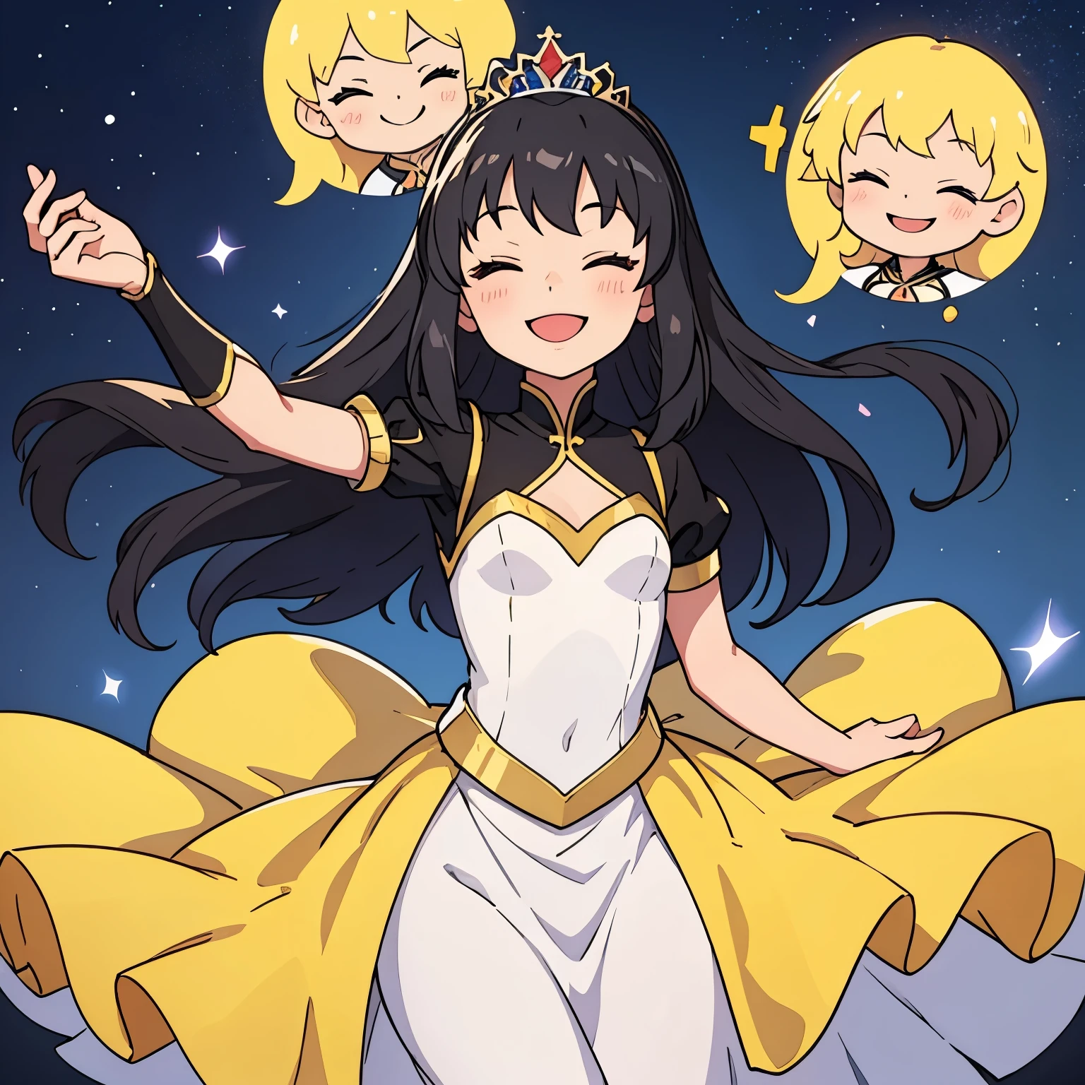 Princess Dress,Tiara is smiling with her eyes closed,Black braid,