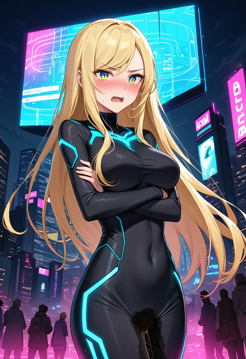 (high quality,Very detailed:1.37, High resolution), Woman, (very long hair:1.5), blonde hair, (multicolored eyes:1.5), blue eyes, yellow eyes, large breasts, (wetting herself:2.0), standing, (long tight dress:1.5), (arms crossed:1.5), (embarrassed:1.5), (humiliation:1.5), (angry:1.25), (blushing:1.5), open mouth, Cyberpunk Style, Cyberpunk Cityscape, Neon Light, High-tech accessories, Meticulous details, (extremely detailed eys:1.37), Glowing LED pattern, Urban scenery, Futuristic elements, Mysterious Aura, ,Flying cars racing through the air, Holographic Advertising, Visually stunning architecture, Energetic and dynamic poses, Gives off a powerful aura, The cityscape reflected in her metallic eyes, Graceful movement amidst chaos, A moonlit sky with a futuristic hue, Pulsating Electronic Soundtrack, Enhanced Augmented Reality Overlays, Interacting with virtual objects in the environment
