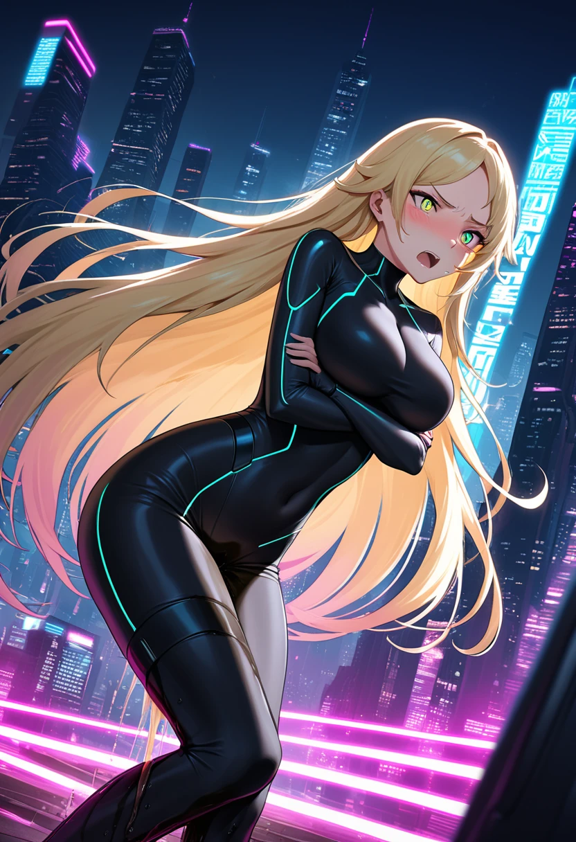 masterpiece, best quality, extremely detailed, 1girl, milf, solo, (huge breasts:1.2), long hair, blue eyes eyes))), parted lips, (((mechanical bodysuit, black bodysuit))), ((blush, naughty smile), closed mouth), (futuristic cityscape))