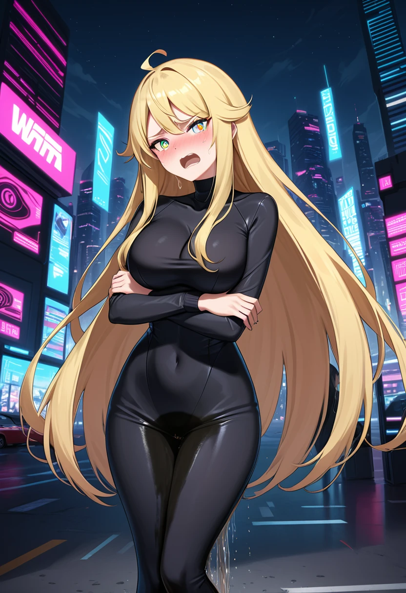 (high quality,Very detailed:1.37, High resolution), Woman, (very long hair:1.5), blonde hair, (multicolored eyes:1.5), blue eyes, yellow eyes, large breasts, (wetting herself:2.0), standing, very light blue dress, (very long tight dress:1.5), (arms crossed:1.5), (embarrassed:1.5), (humiliation:1.5), (angry:1.25), (blushing:1.5), open mouth, Cyberpunk Style, Cyberpunk Cityscape, Neon Light, High-tech accessories, Meticulous details, (extremely detailed eys:1.37), Glowing LED pattern, Urban scenery, Futuristic elements, Mysterious Aura, ,Flying cars racing through the air, Holographic Advertising, Visually stunning architecture, Energetic and dynamic poses, Gives off a powerful aura, The cityscape reflected in her metallic eyes, Graceful movement amidst chaos, A moonlit sky with a futuristic hue, Pulsating Electronic Soundtrack, Enhanced Augmented Reality Overlays, Interacting with virtual objects in the environment