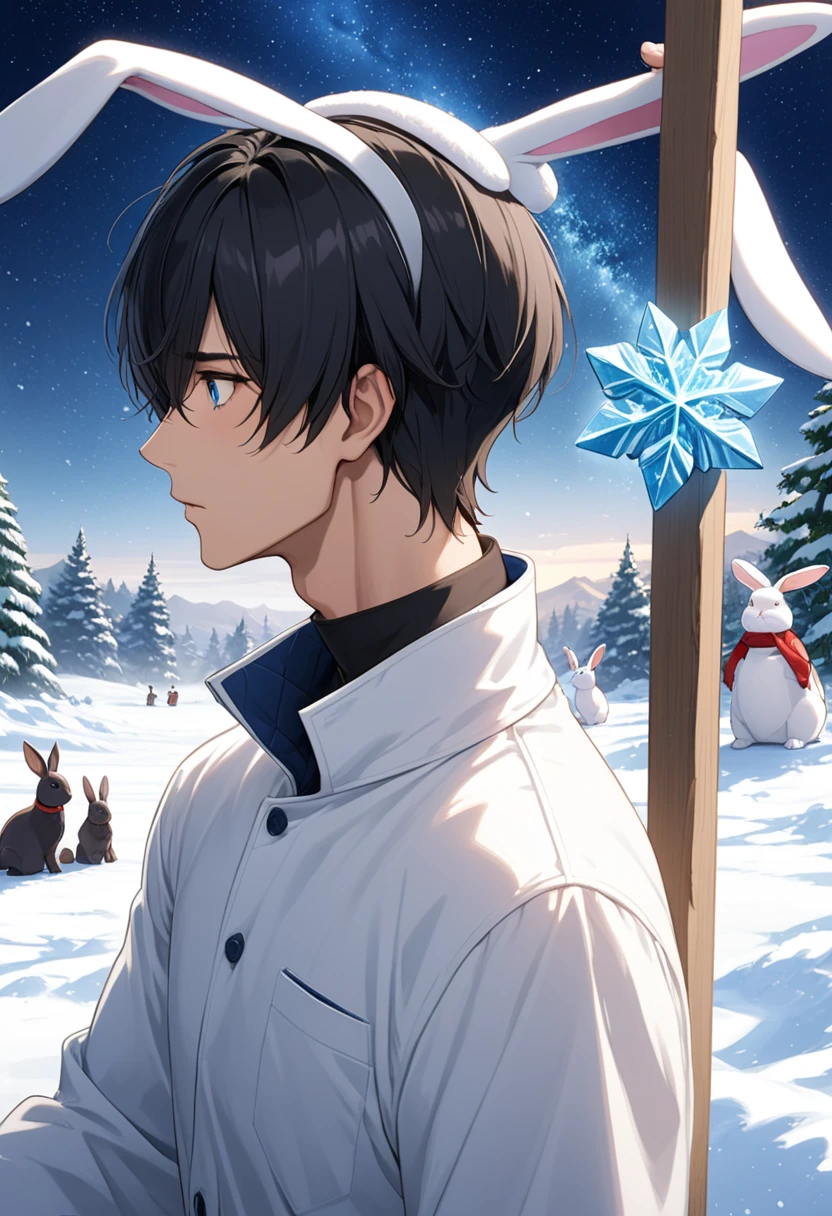 1 adult male: a handsome man with rabbit ears hanging down, black hair that grows down to the neck, and blue eyes、 (work of art)、(highest quallity)、(super verbose)、place、、offcial art、、30 years old、hanging eyes、umirk、White shirt with high collar、tissue、detailedeyes、Delicate expression、、starry sky、winter、snow scene、Snow Crystal、Rabbits are gathering