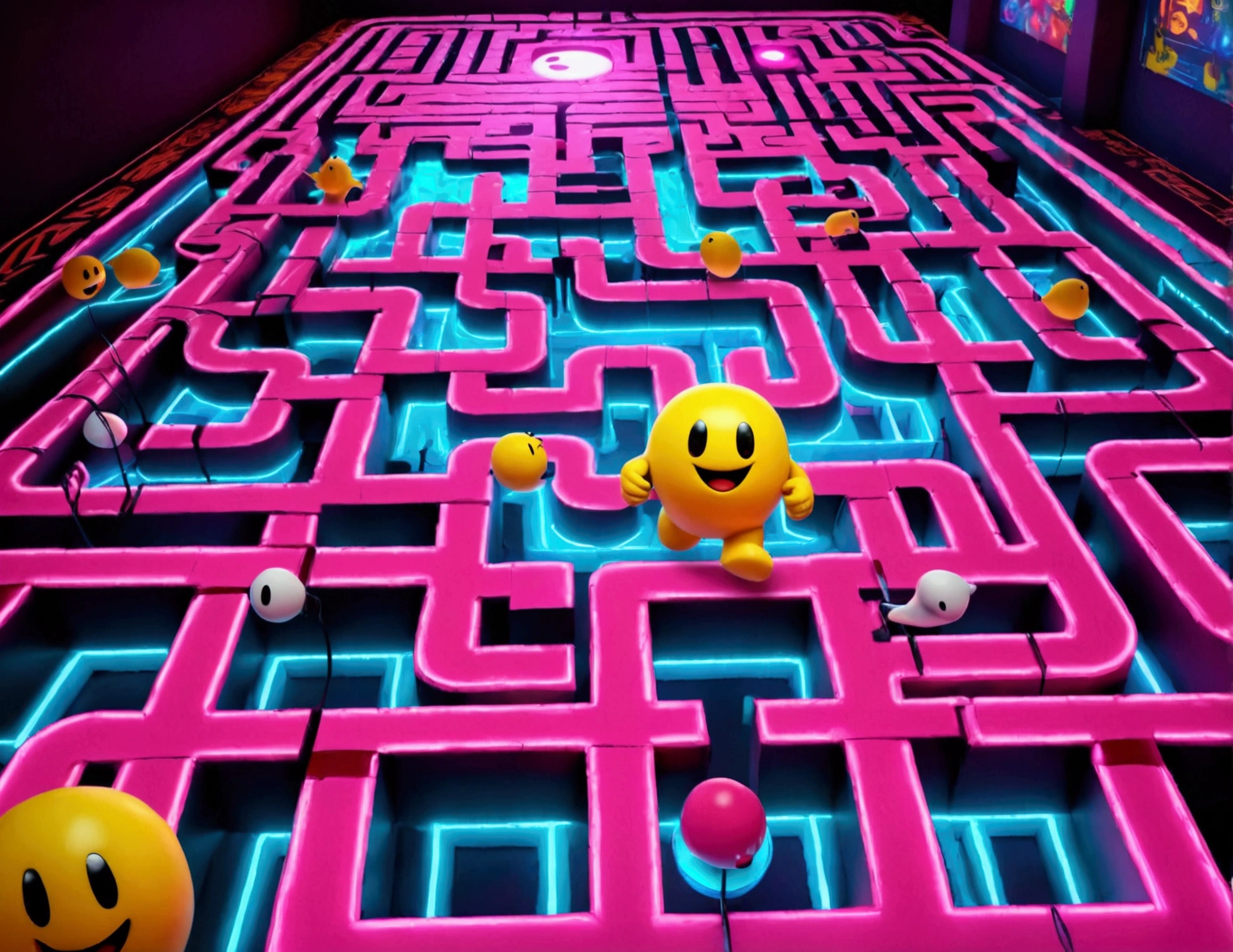 a dynamic and vibrant video game character pac man, chasing after beautiful, sexy, busty Malaysian ghosts through a vibrant, neon-lit maze,(best quality,4k,8k,highres,masterpiece:1.2),ultra-detailed,(realistic,photorealistic,photo-realistic:1.37),dynamic composition,cinematic lighting,highly detailed,videogame,8k,concept art,colorful,vibrant colors,(neon:1.2),hyper detailed,intricate background,complex maze patterns,glowing ghosts,dramatic poses,whimsical,playful
