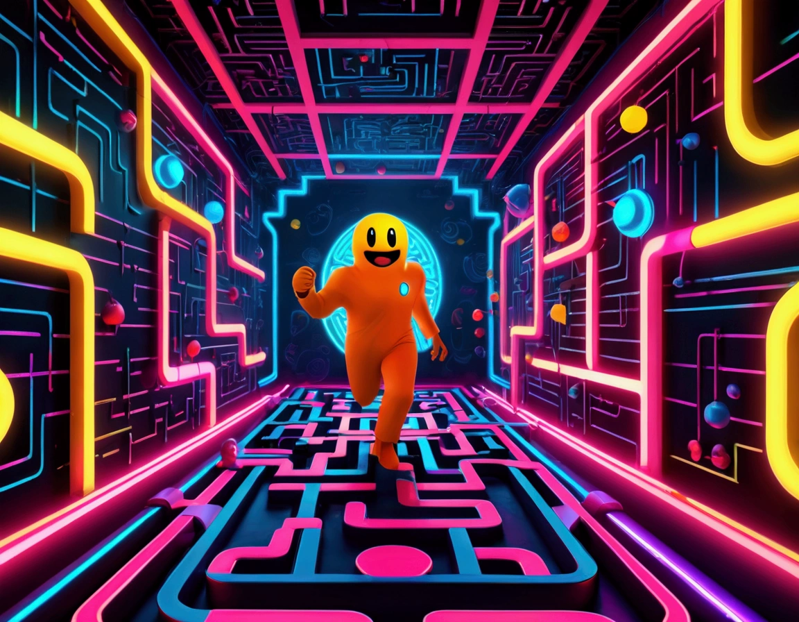 a dynamic and vibrant video game character pac man, chasing after beautiful, sexy, busty Malaysian ghosts through a vibrant, neon-lit maze,(best quality,4k,8k,highres,masterpiece:1.2),ultra-detailed,(realistic,photorealistic,photo-realistic:1.37),dynamic composition,cinematic lighting,highly detailed,videogame,8k,concept art,colorful,vibrant colors,(neon:1.2),hyper detailed,intricate background,complex maze patterns,glowing ghosts,dramatic poses,whimsical,playful