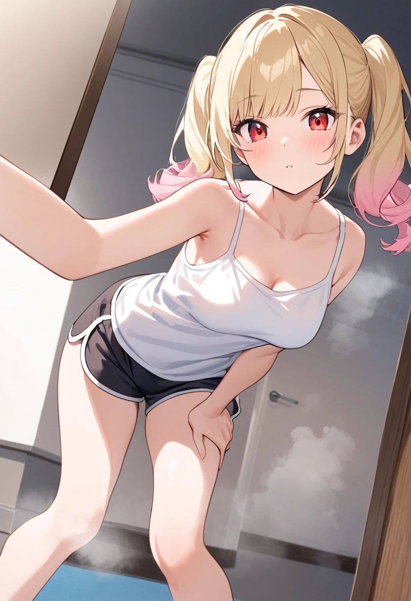 Gradient with pink tips,Blonde,Twin tails up to the shoulders,Red eyes,high school girl,A pleasant looking face,Slightly curled twin tails,medium breasts,steam,(selfie1.5),front view, (from below), Side bangs down to the collarbone with curls, With pink gradient tips,full body,dolphin shorts,White camisole, close to viewer