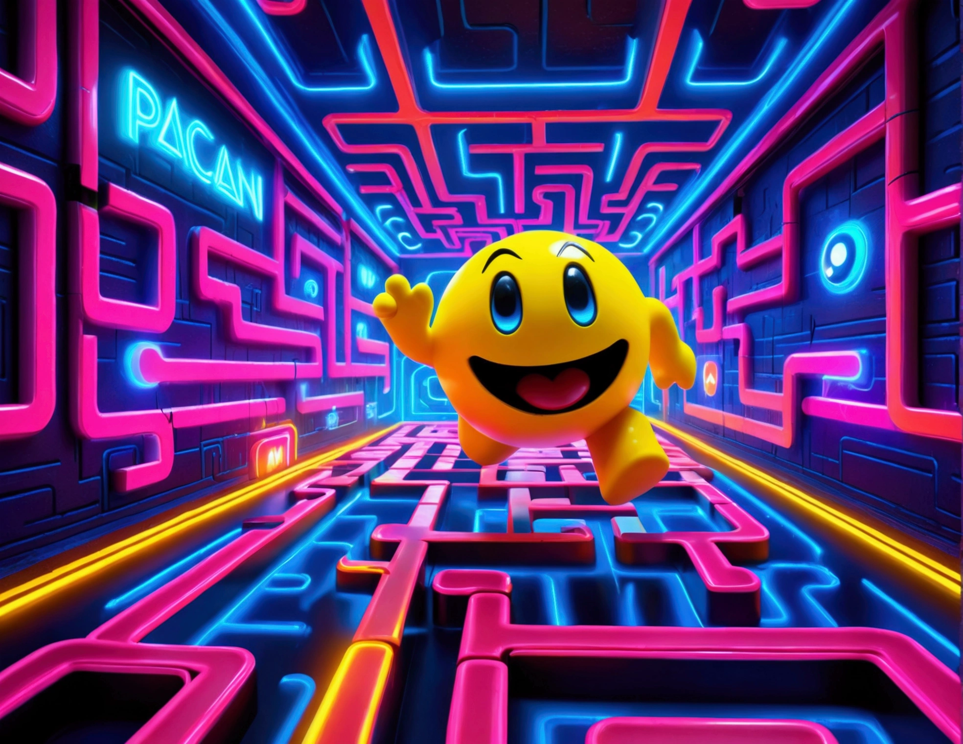 a dynamic and vibrant video game character pac man, chasing after beautiful, sexy, busty Malaysian ghosts through a vibrant, neon-lit maze,(best quality,4k,8k,highres,masterpiece:1.2),ultra-detailed,(realistic,photorealistic,photo-realistic:1.37),dynamic composition,cinematic lighting,highly detailed,videogame,8k,concept art,colorful,vibrant colors,(neon:1.2),hyper detailed,intricate background,complex maze patterns,glowing ghosts,dramatic poses,whimsical,playful