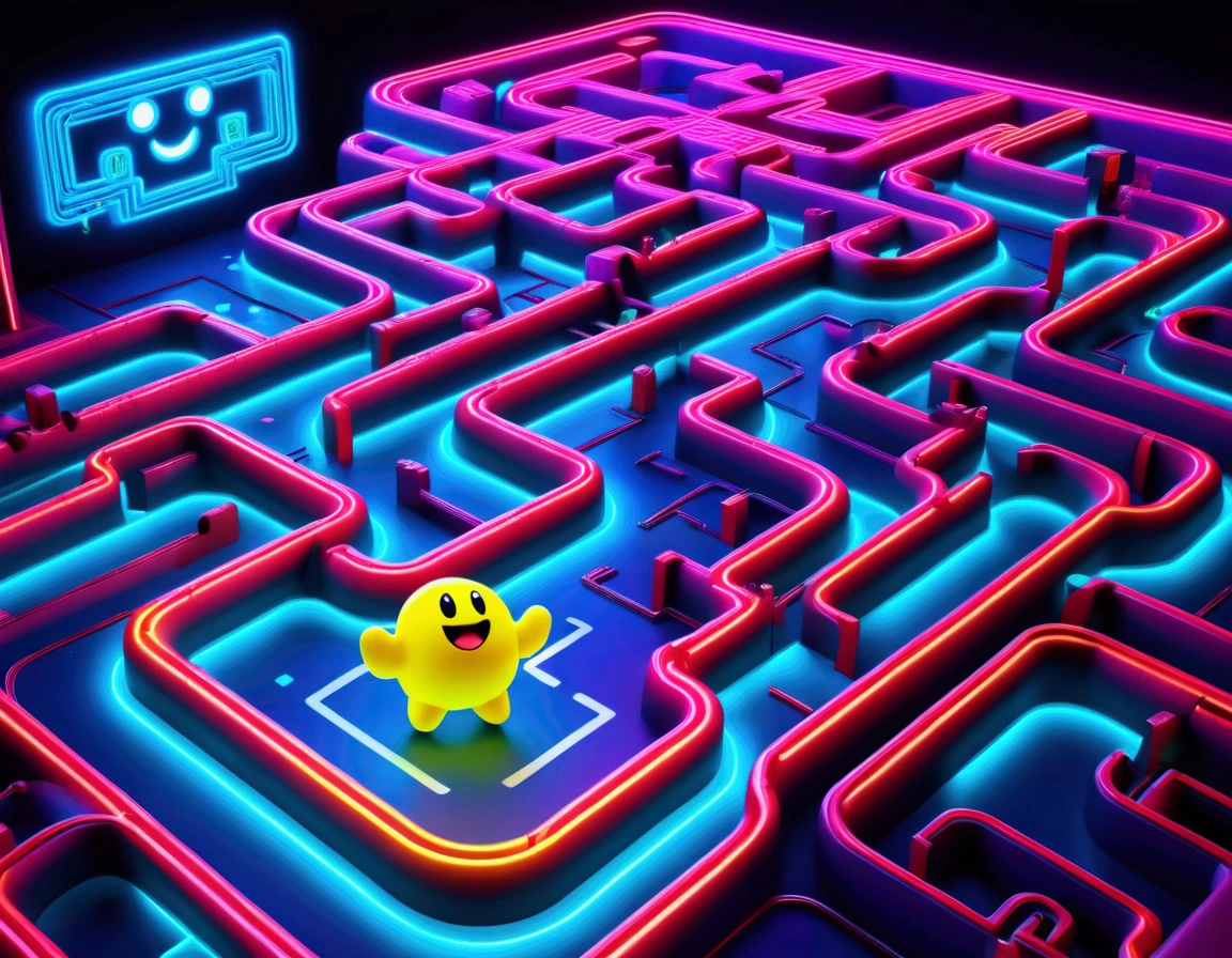 a dynamic and vibrant video game character pac man, chasing after beautiful, sexy, busty Malaysian ghosts through a vibrant, neon-lit maze,(best quality,4k,8k,highres,masterpiece:1.2),ultra-detailed,(realistic,photorealistic,photo-realistic:1.37),dynamic composition,cinematic lighting,highly detailed,videogame,8k,concept art,colorful,vibrant colors,(neon:1.2),hyper detailed,intricate background,complex maze patterns,glowing ghosts,dramatic poses,whimsical,playful
