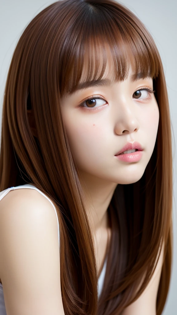 (best quality, 8k, 32k, masterpiece, UHD:1.2), ultra high resolution, (pretty a Korean early teen girl), 13 years old, portrait, semi long brown hair, bangs