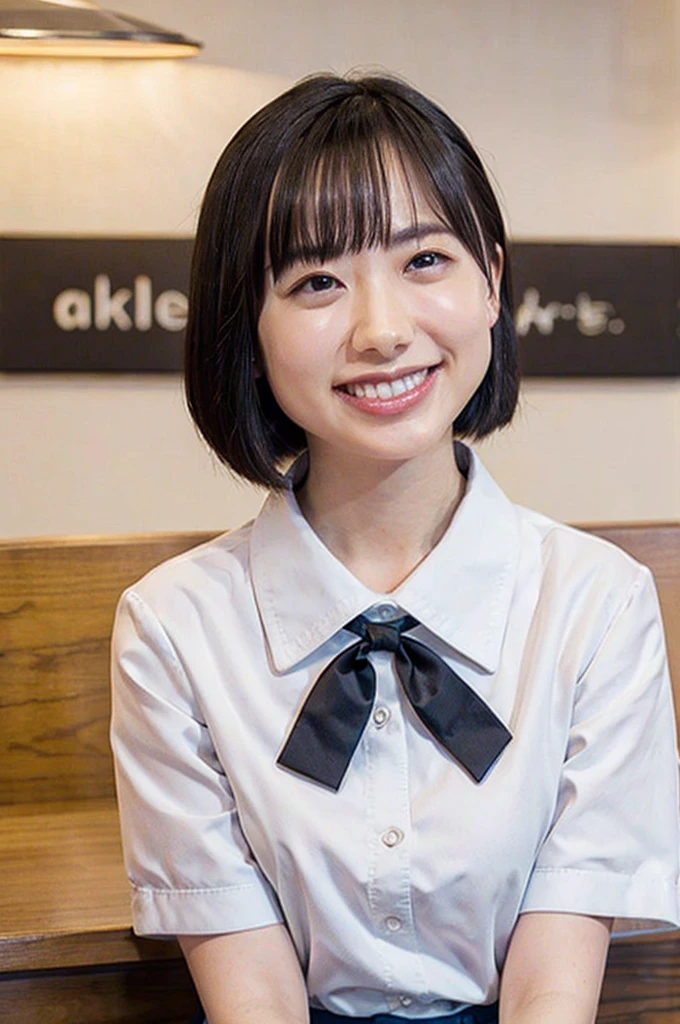 RemuSuzumori,One girl, alone, Black Hair, bow, White Background, Simple Background, Striped, shirt, bowtie, short hair, Striped bow, white shirt, View your viewers, , Portraiture, red bow, smile, bangs,