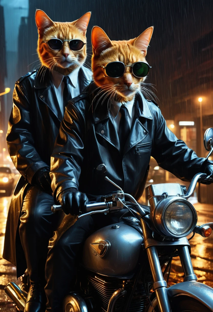 High resolution, high quality, Masterpiece Anthropomorphic cats resembling special agents Mulder and Scully (The X-Files) Riding a motorcycle in a leather raincoat. White shirt and tie. Black glasses. Wrapped in a ???? atmosphere, Impressed by the cinematic chiaroscuro lighting, Surrounded by the rain-soaked glow of neon lights, Complex gear mechanisms blend into abstract oil paint textures, Acrylic Grunge Atmosphere, Expressed in the intricate complexity of photorealistic Unreal Engine rendering, Composition according to the golden ratio, Capture software in 8K resolution, Volumetric, Cinema Lighting, Evoke the essence of Raphael&#39;s style