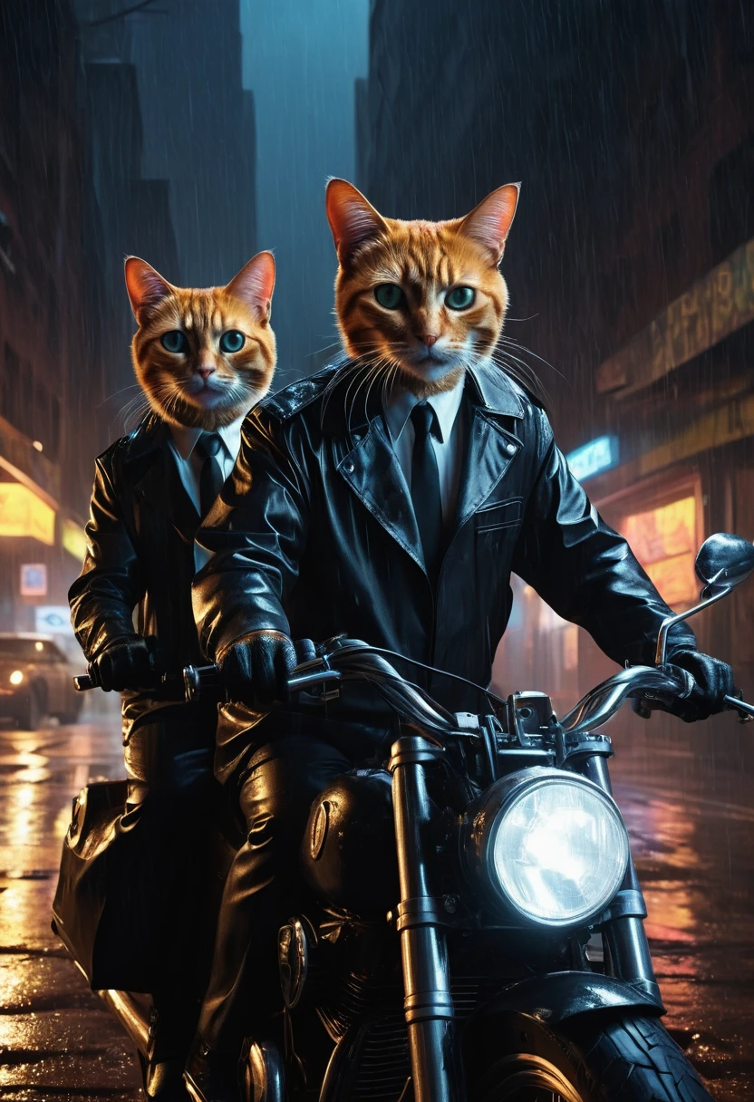 High resolution, high quality, Masterpiece Anthropomorphic cats resembling special agents Mulder and Scully (The X-Files) Riding a motorcycle in a leather raincoat. White shirt and tie. Black glasses. Wrapped in a noir atmosphere, Impressed by the cinematic chiaroscuro lighting, Surrounded by the rain-soaked glow of neon lights, Complex gear mechanisms blend into abstract oil paint textures, Acrylic Grunge Atmosphere, Expressed in the intricate complexity of photorealistic Unreal Engine rendering, Composition according to the golden ratio, Capture software in 8K resolution, Volumetric, Cinema Lighting, Evoke the essence of Raphael's style