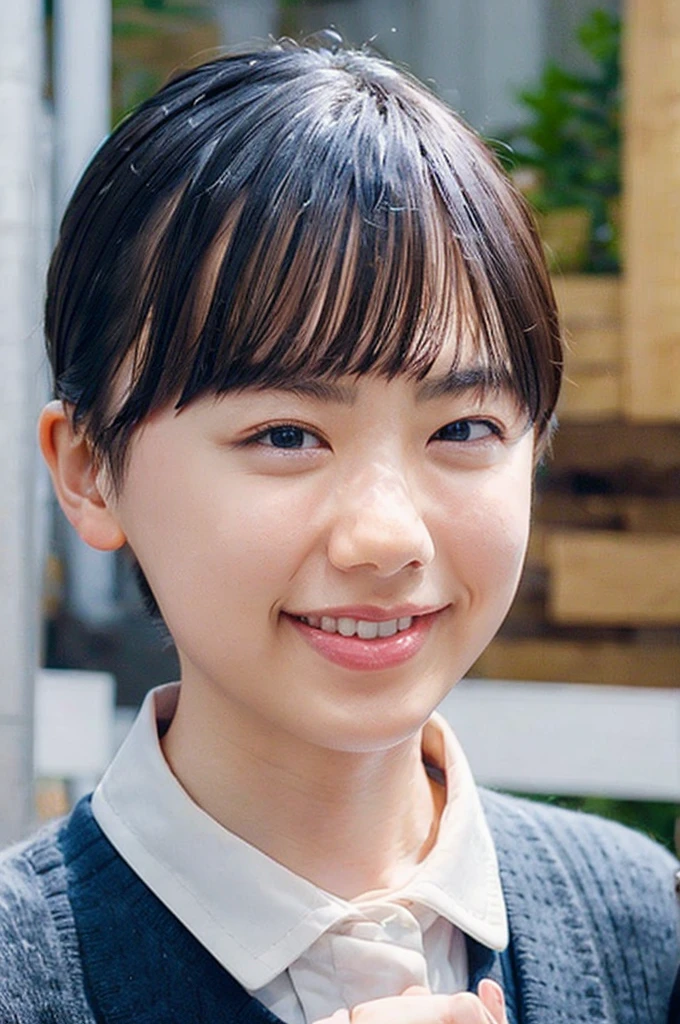 (8k, RAW Photos, Highest quality, masterpiece:1.2), (Realistic, photo-Realistic:1.37), Very detailed, 1 girl,cute, alone,Beautifully detailed skies,Detailed Cafe,night,Sitting,Date,(Red nose),(smile:1.1),(Mouth closed),Large Breasts, seductive smile, Large opening, Professional Lighting, Sony A7R4, Zesse 50mm F1.8, Medium chest,Beautiful attention to detail,(Collared shirt:1.1), bow tie,Pleated skirt,(short hair:1.2),Floating Hair