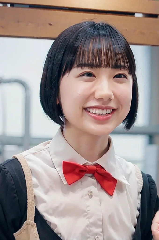 (8k, RAW Photos, Highest quality, masterpiece:1.2), (Realistic, photo-Realistic:1.37), Very detailed, 1 girl,cute, alone,Beautifully detailed skies,Detailed Cafe,night,Sitting,Date,(Red nose),(smile:1.1),(Mouth closed),Large Breasts, seductive smile, Large opening, Professional Lighting, Sony A7R4, Zesse 50mm F1.8, Medium chest,Beautiful attention to detail,(Collared shirt:1.1), bow tie,Pleated skirt,(short hair:1.2),Floating Hair