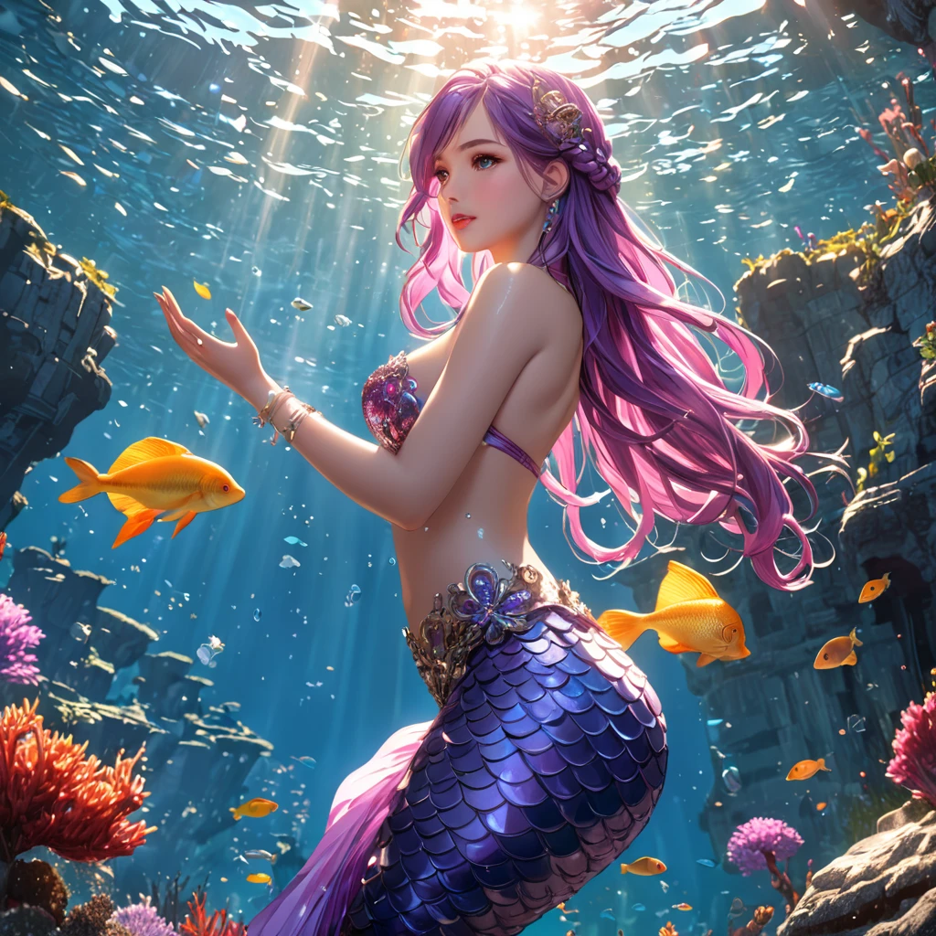 cute 20 year old mermaid with purple hair bind in a lose braid in the ocean below the surface talking to a fish in the sunlight, sun is shining, wears a purple glittery mermaid bra, beautiful mermaid, beautiful detailed human face, red lips, alluring eyes, elaborated mermaid pink purple tail, serene, masterpiece, full body shot, highres, high resolution, high quality, intricate details, extremely detailed, incredible details, full colored, complex details, insanely detailed and intricate, extremely detailed with rich colors. masterpiece, best quality, HDR, UHD, unreal engine, High quality, gorgeous, glamorous, 8k, super detail, gorgeous light and shadow, detailed decoration, detailed lines, glittery, fantasy, pretty colors, anime style