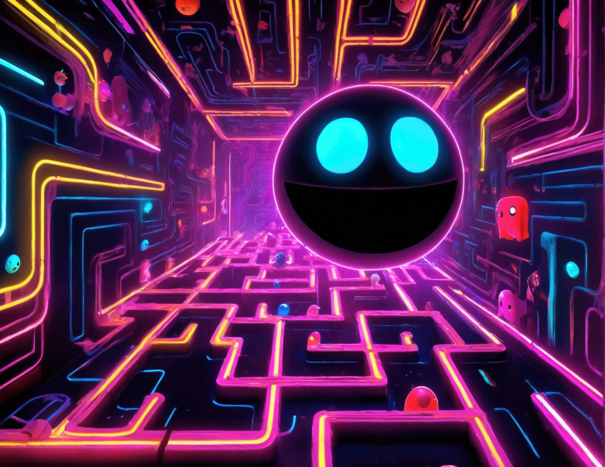 a dynamic and vibrant video game character pac man, chasing after beautiful, sexy, busty Malaysian ghosts through a vibrant, neon-lit maze,(best quality,4k,8k,highres,masterpiece:1.2),ultra-detailed,(realistic,photorealistic,photo-realistic:1.37),dynamic composition,cinematic lighting,highly detailed,videogame,8k,concept art,colorful,vibrant colors,(neon:1.2),hyper detailed,intricate background,complex maze patterns,glowing ghosts,dramatic poses,whimsical,playful