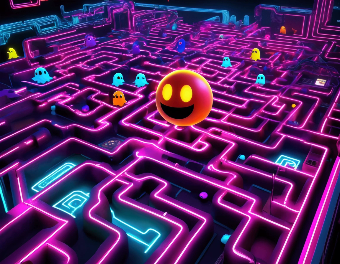 a dynamic and vibrant video game character pac man, chasing after beautiful, sexy, busty Malaysian ghosts through a vibrant, neon-lit maze,(best quality,4k,8k,highres,masterpiece:1.2),ultra-detailed,(realistic,photorealistic,photo-realistic:1.37),dynamic composition,cinematic lighting,highly detailed,videogame,8k,concept art,colorful,vibrant colors,(neon:1.2),hyper detailed,intricate background,complex maze patterns,glowing ghosts,dramatic poses,whimsical,playful
