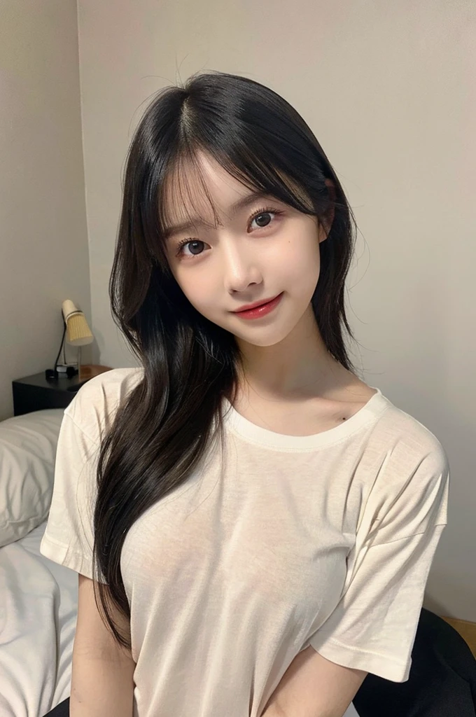 (Bedroom)、(White Thin Nude Oversized T-Shirt:1.2)、Random pose、(Highest quality,masterpiece:1.3,Ultra-high resolution,),(Ultra-detailed,Caustics),(Photorealistic:1.4,RAW shooting,)Ultra-Realistic Capture,Very detailed,High resolution 16k human skin closeup、 The skin texture is natural、、The skin looks healthy、The color is also uniform.、 Use natural light and colour,1 girl,Japanese,23 years old,cute,Black-haired,Mid-length hair,,smile,,(Depth of written boundary、chromatic aberration、、Wide range of lighting、Natural Shading、) Very beautiful plump G cup, The whole body is clearly visible, topless, Beautiful black nipples