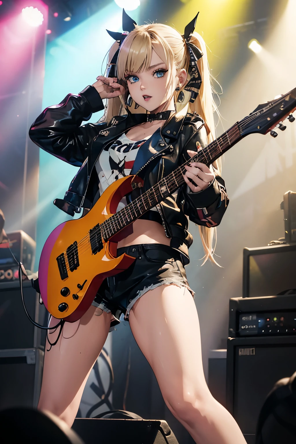 realistic:1.2, Rocker girl wearing a leather jacket,slim body shape、Normal bust size、 highly realistic photograph, full body shot, 1two electric guitars, clothes with spikes,white tank top、Navel exposed、low rise leather shorts,tattoo,earrings dark lipstick, blue eyes,blonde twintail hair,black ribbon, beautiful and perfect legs, confident look, punk style ,dynamic pose, dynamic lighting, brightly colored stage,colorful stage lights, ant alexa 65, 50MM lens