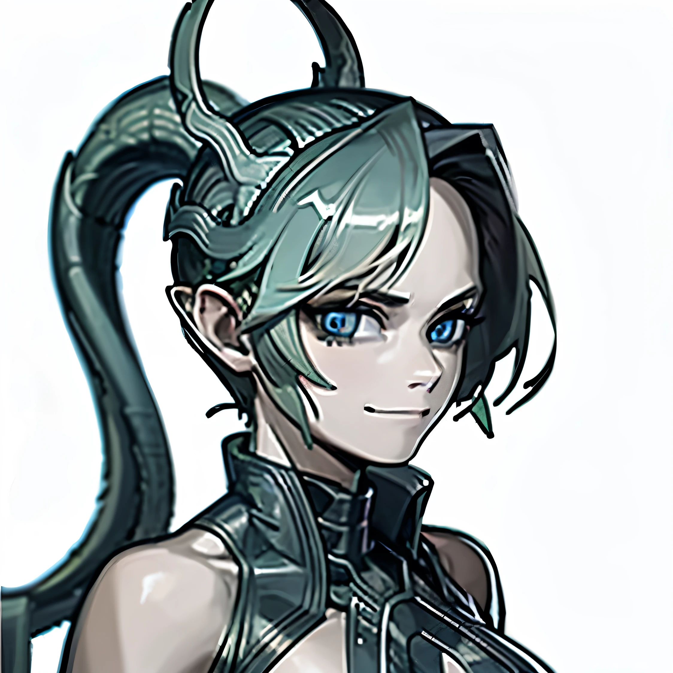 1woman, alien, pastel blue skin, thin eyes shape, black eyes, long hair, black hair color, space clothing, lizard tail, smug smile.