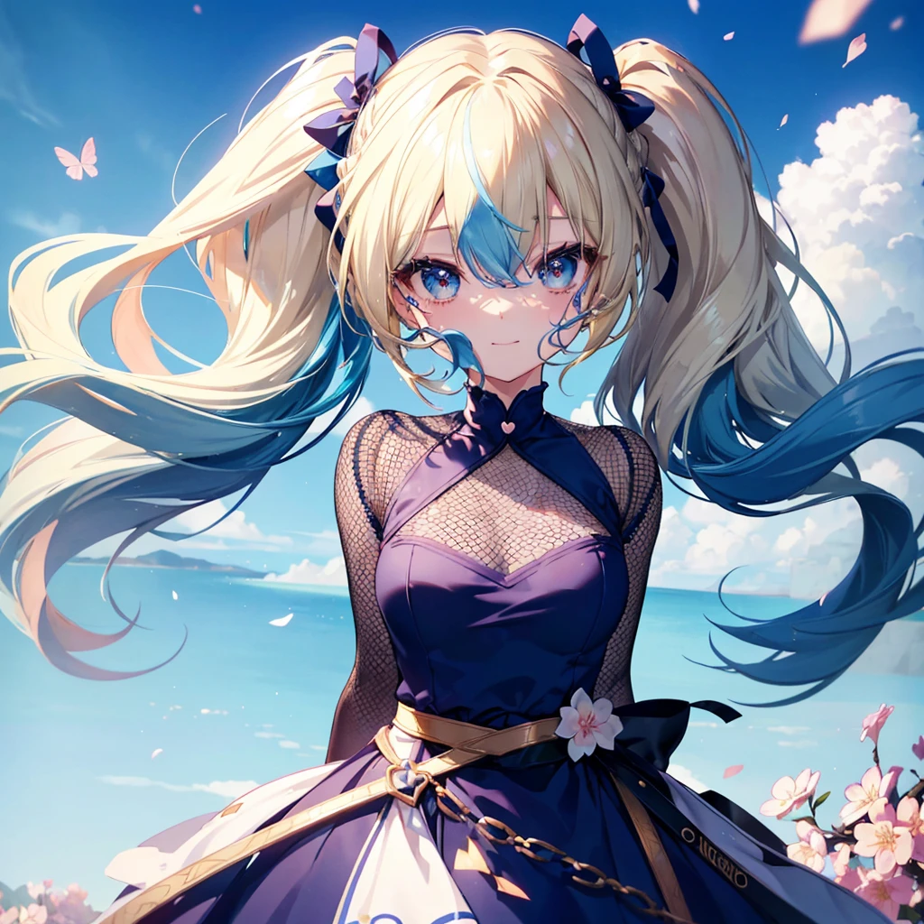Are standing.Tabletop, (Highest quality、Highest Resolution、Masterpiece,Highest quality、Super detailed,Anatomically correct、Perfect Face、Perfect Fingers、Perfect Arms:1.5),shape, wallpaper, Very detailed, incredibly beautiful sky, 1, (blonde,Two-tone hair,Blue inner color hair,Hair with blue mesh、Twin tails:1.8),Detailed eyes、 Very detailed and beautiful eyes , Hair blowing in the wind、:○、Small Head、Beautiful blue sky、(Panorama:1.5),Hearts painted on the eyes,The best beautiful girl,pretty girl,smile,look up,Large Breasts,White and light blue ruffle dress,Gal,put your hands behind your back,She has blue hairpins in her hair,Many cherry blossoms are falling、Lens flare