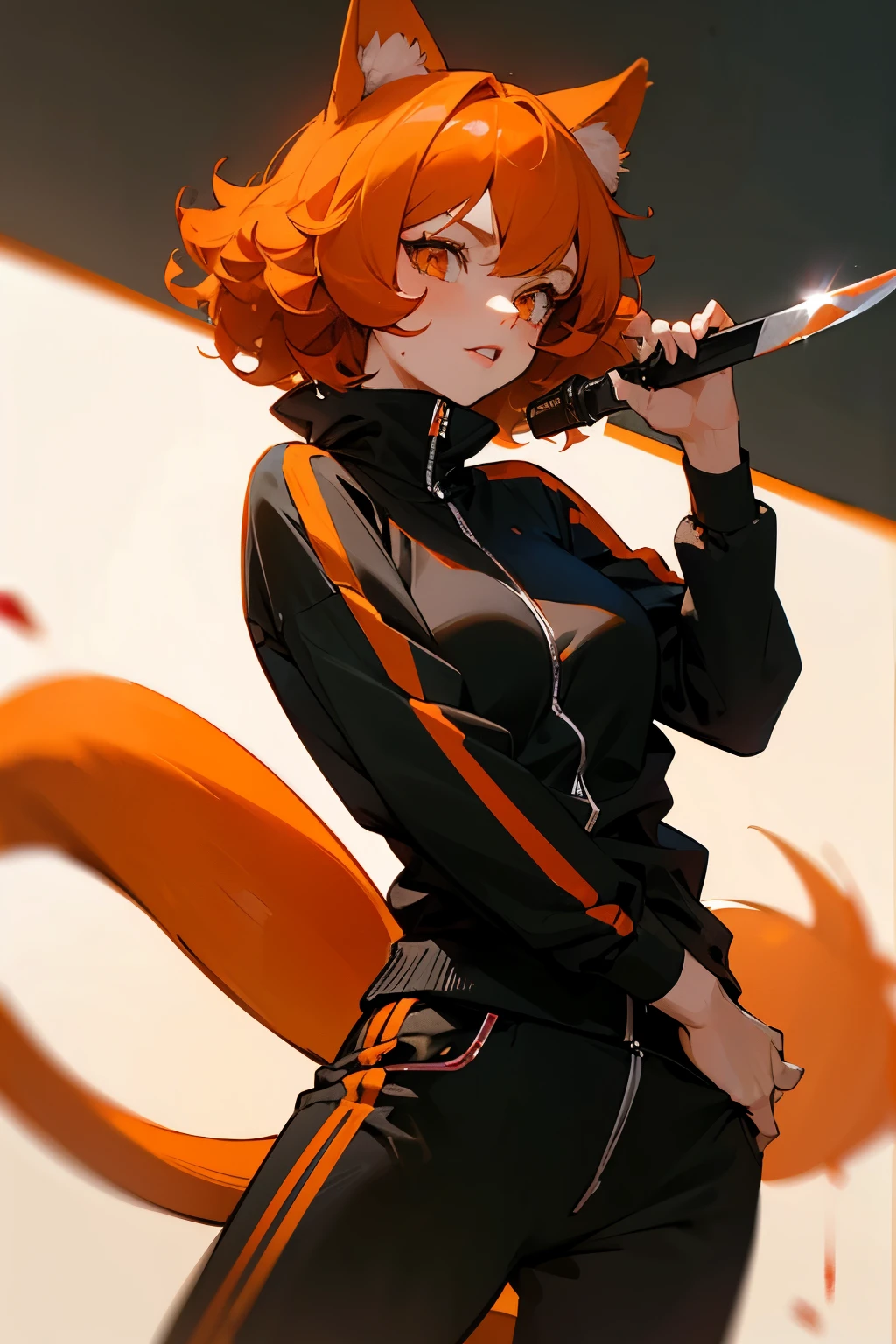 Mature girl, short orange hair ending in soft curls, orange eyes, full lips, orange catgirl ears and tail, wearing blood-smeared black track suit, threatening me with bloody knife