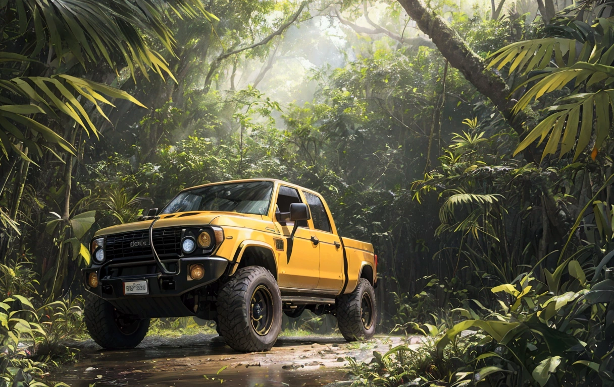 (best quality,4k,8k,highres,masterpiece:1.2),deep jungle, multiple boys exploring amazon, truck, historical, wide shot, realistic, hyper-realistic, photorealistic,ultra-detailed,(realistic,photorealistic,photo-realistic:1.37),vivid colors,dramatic lighting,