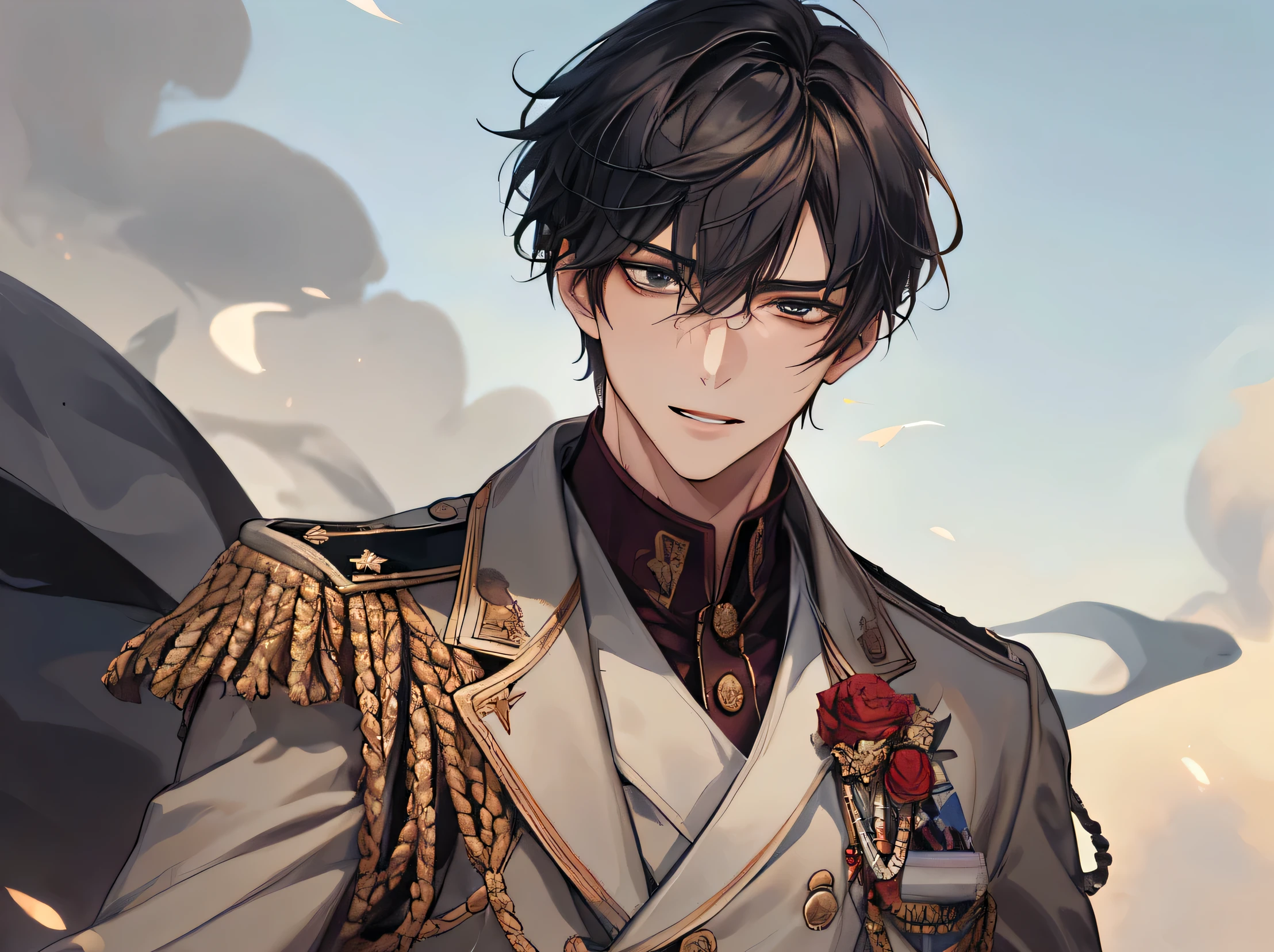 male,masterpiece,Face Focus,Face close-up,Dynamic Angle,Laugh a little,Upper Body, ((masterpiece: 1.4, Highest quality)), One male, male,masterpiece,Alone in military uniform, Male in military uniform, battlefield
,Smoke and dust rose into the air, Add drama to an ongoing conflict