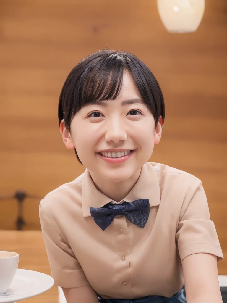 (8k, RAW Photos, Highest quality, masterpiece:1.2), (Realistic, photo-Realistic:1.37), Very detailed, 1 girl,cute, alone,Beautifully detailed skies,Detailed Cafe,night,Sitting,Date,(Red nose),(smile:1.1),(Mouth closed),Large Breasts, seductive smile, Large opening, Professional Lighting, Sony A7R4, Zesse 50mm F1.8, Medium chest,Beautiful attention to detail,(Collared shirt:1.1), bow tie,Pleated skirt,(short hair:1.2),Floating Hair