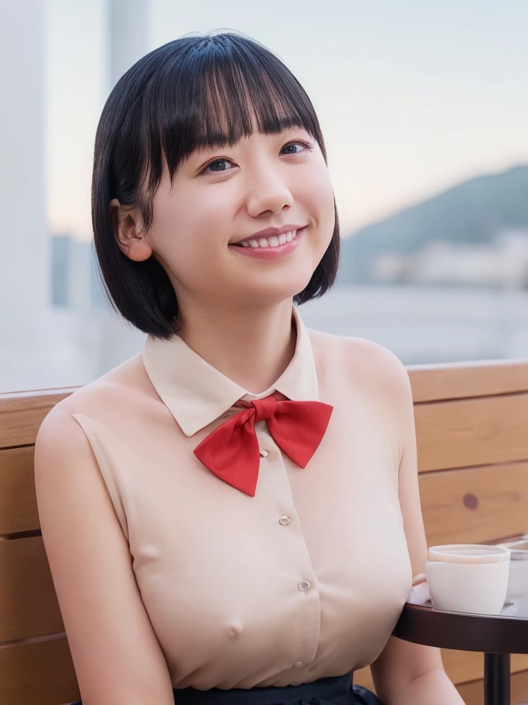 (8k, RAW Photos, Highest quality, masterpiece:1.2), (Realistic, photo-Realistic:1.37), Very detailed, 1 girl,cute, alone,Beautifully detailed skies,Detailed Cafe,night,Sitting,Date,(Red nose),(smile:1.1),(Mouth closed),Large Breasts, seductive smile, Large opening, Professional Lighting, Sony A7R4, Zesse 50mm F1.8, Medium chest,Beautiful attention to detail,(Collared shirt:1.1), bow tie,Pleated skirt,(short hair:1.2),Floating Hair