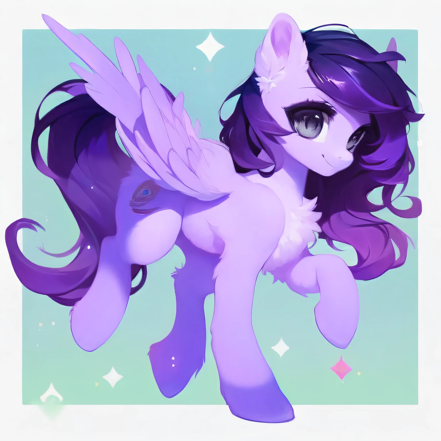 rating_safe, score_9, fluffy, feral pegasus pony, female,Purple body，Black purple mane，Wearing hair，Soft and fine long hair，Gray Eyes, clear, proud, and a little gentle，Gray Eyes，Smile。image，
