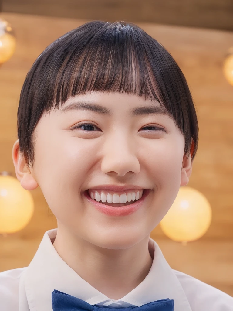 (8k, RAW Photos, Highest quality, masterpiece:1.2), (Realistic, photo-Realistic:1.37), Very detailed, 1 girl,cute, alone,Beautifully detailed skies,Detailed Cafe,night,Sitting,Date,(Red nose),(smile:1.1),(Mouth closed),Large Breasts, seductive smile, Large opening, Professional Lighting, Sony A7R4, Zesse 50mm F1.8, Medium chest,Beautiful attention to detail,(Collared shirt:1.1), bow tie,Pleated skirt,(short hair:1.2),Floating Hair