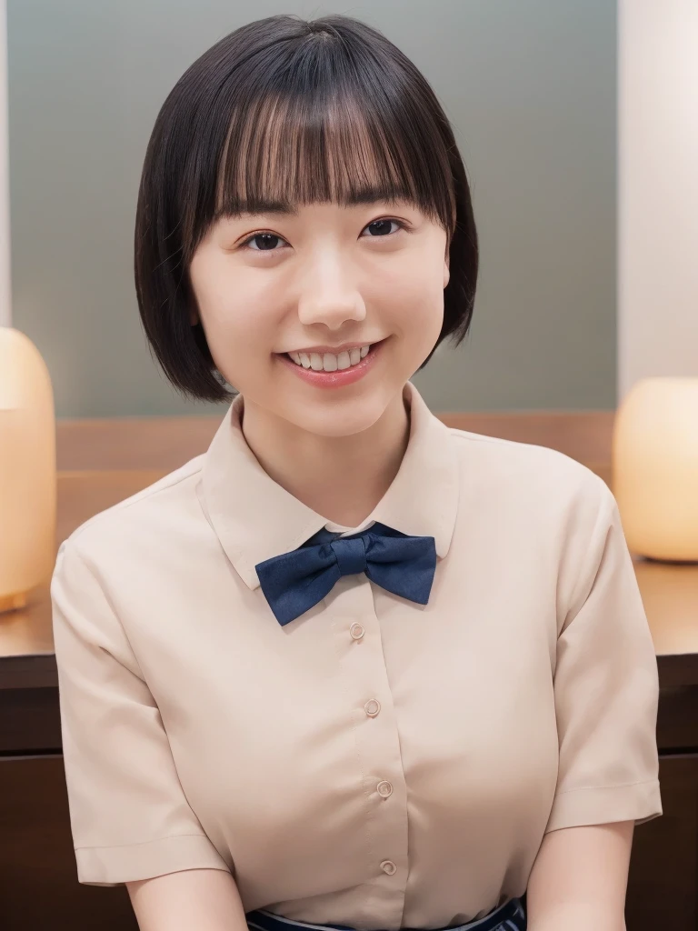 (8k, RAW Photos, Highest quality, masterpiece:1.2), (Realistic, photo-Realistic:1.37), Very detailed, 1 girl,cute, alone,Beautifully detailed skies,Detailed Cafe,night,Sitting,Date,(Red nose),(smile:1.1),(Mouth closed),Large Breasts, seductive smile, Large opening, Professional Lighting, Sony A7R4, Zesse 50mm F1.8, Medium chest,Beautiful attention to detail,(Collared shirt:1.1), bow tie,Pleated skirt,(short hair:1.2),Floating Hair