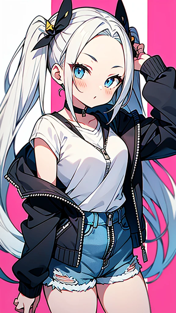 anime style,hairstyle forehead,teen girl,Denim short pants with open zipper,white hair,twintail hair,blue eyes,