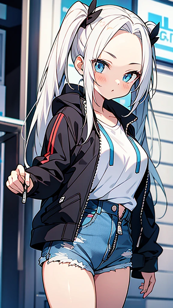 anime style,hairstyle forehead,teen girl,Denim short pants with open zipper,white hair,twintail hair,blue eyes,