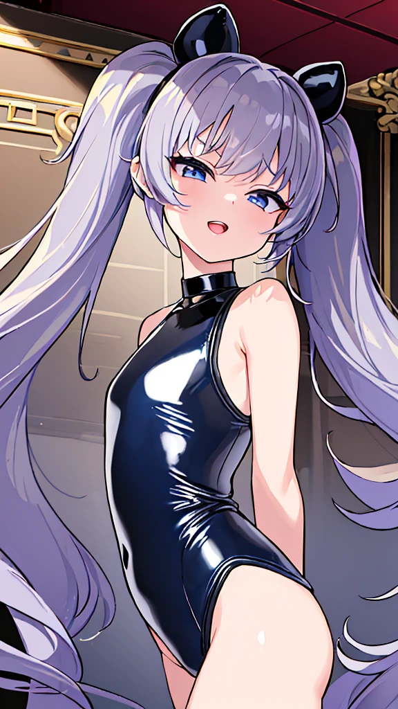 ((highest quality)), (masterpiece)), (detailed: 1.4), Unorganized resolution、High resolution、(masterpiece:1.4)、Super detailed、one beautiful girl、highest quality、master piece、Very detailed、(1 girl):1.4、(black latex swimsuit)、(Golden hair):1.3、twin tails、Short twin tails、choker、(dark blue eyes):1.1,(shiny latex)、indoor pool background