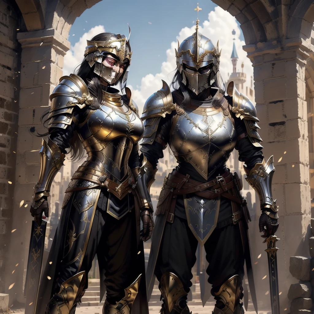 a beautiful golden-greek-armored warrioress, jet-black hair, hoplite helmet, muscular, huge and heavy breasts, looking at viewer, front view, modelshot pose, masterpiece, best quality, 8k, blurred background, medieval fantasy castle in the background